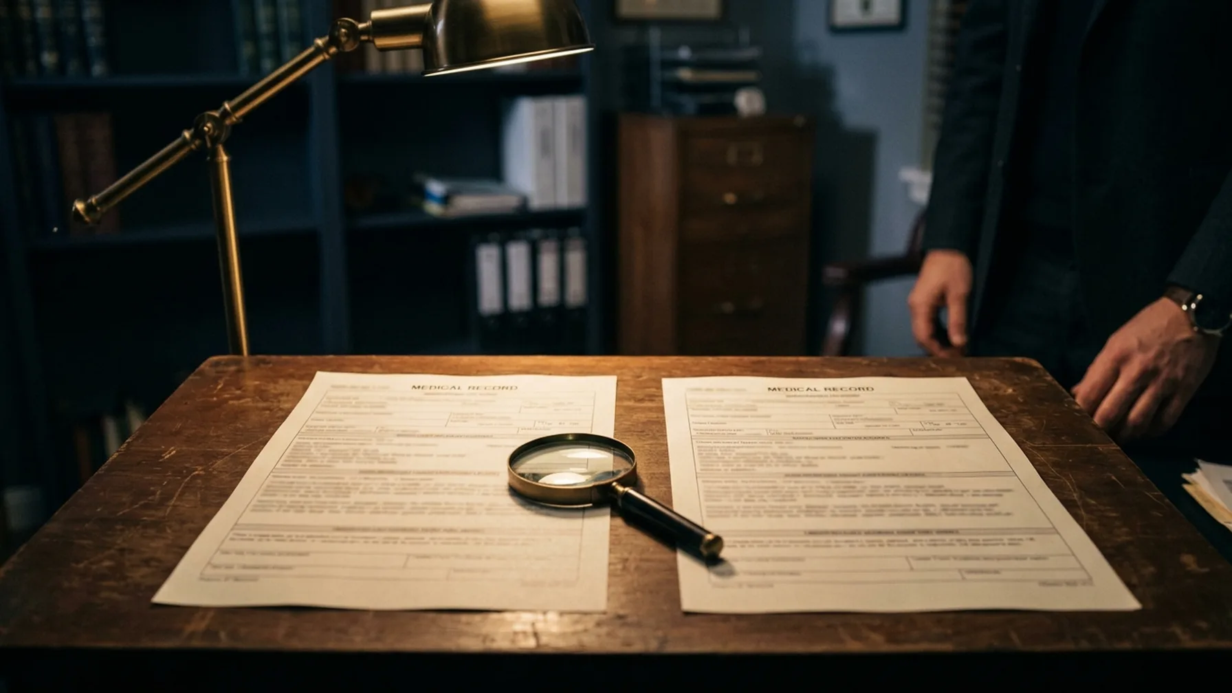 Two nearly identical medical record pages side by side with a magnifying glass