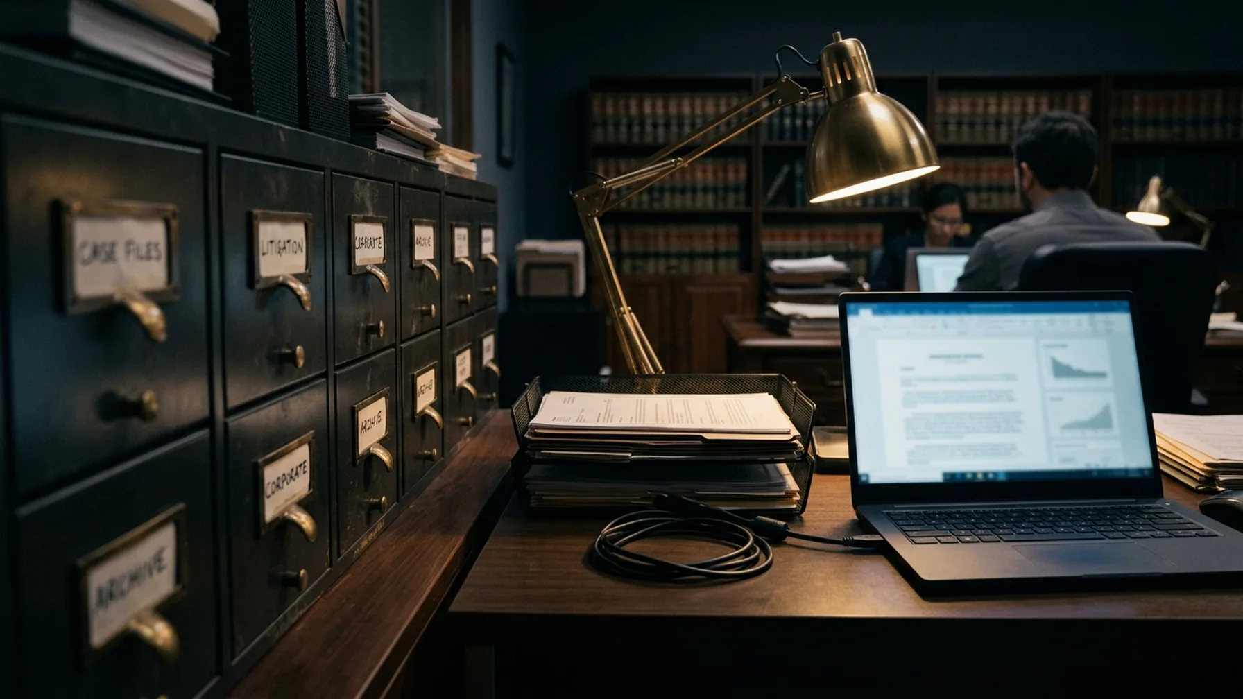 Labeled case file drawers next to a laptop in a law office
