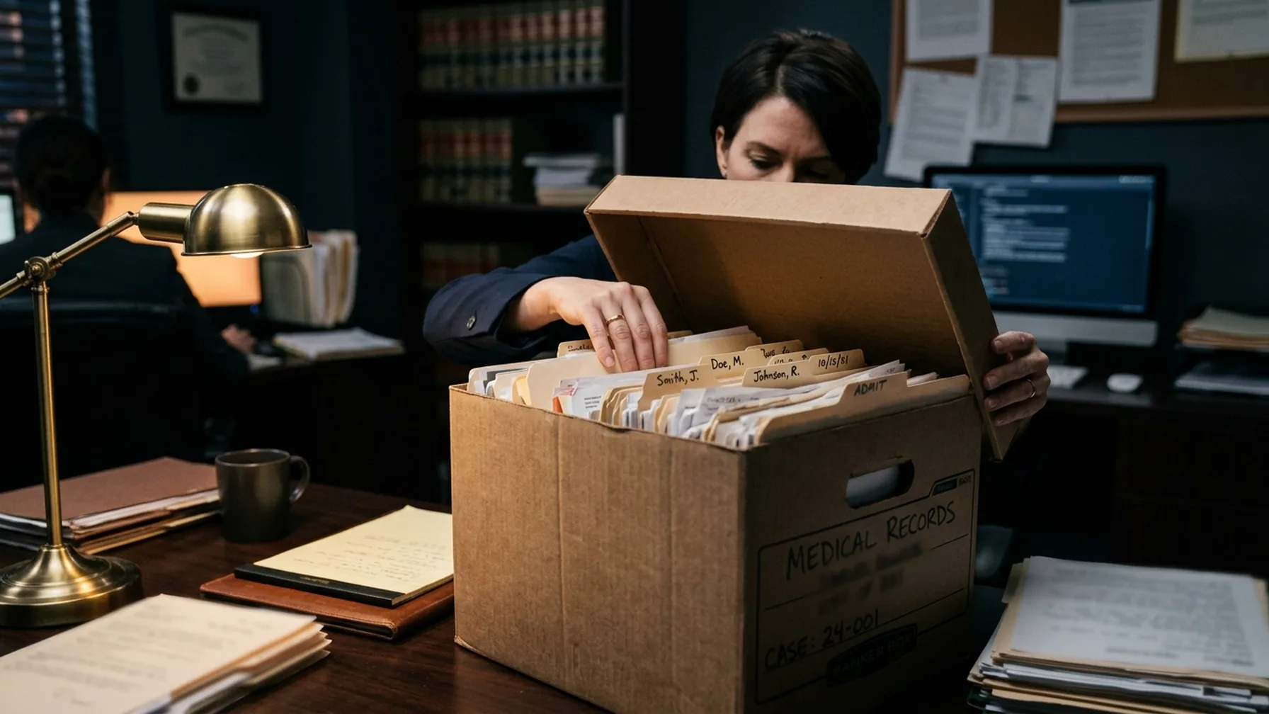 A legal assistant opening a box of medical records