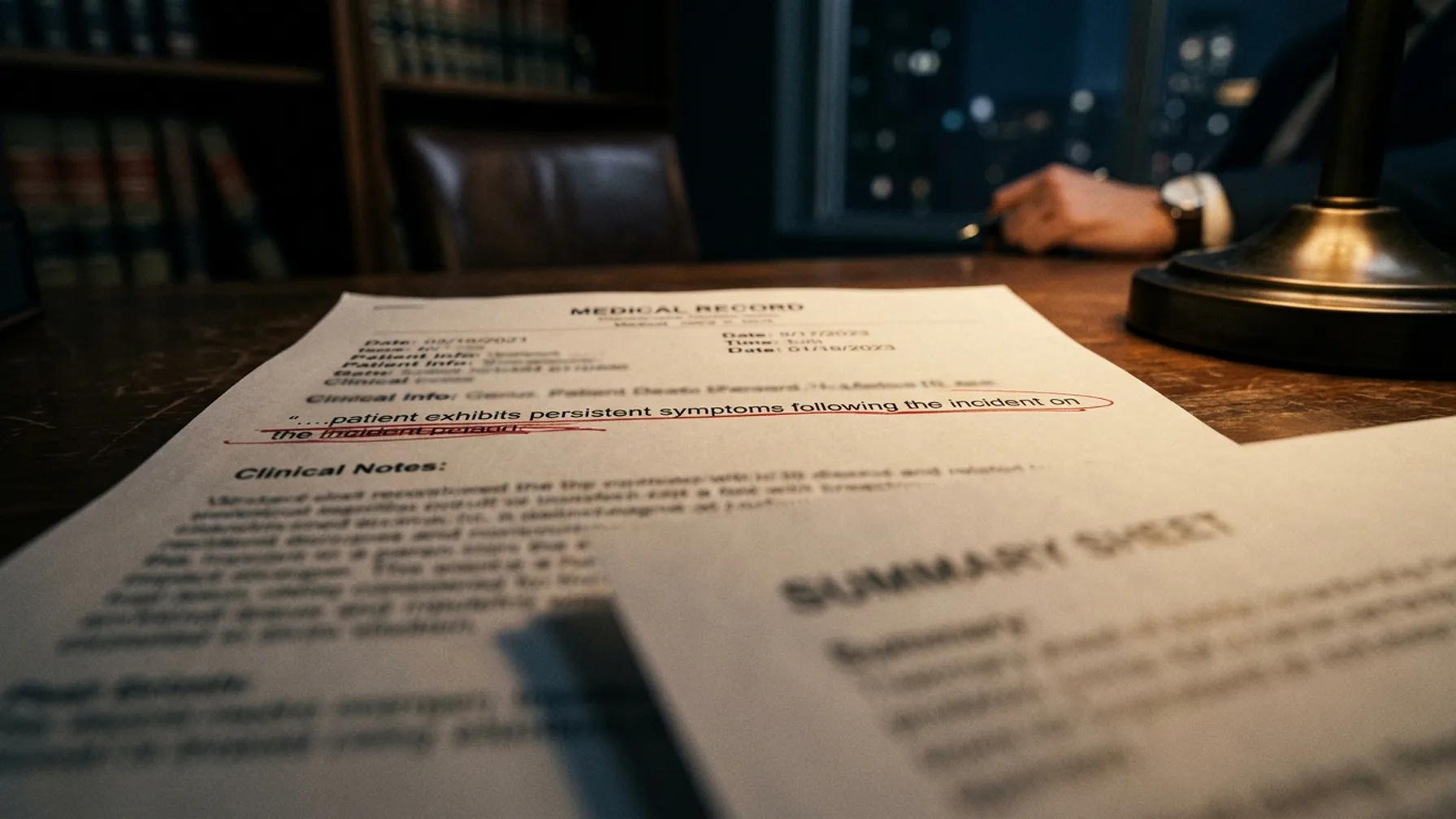 A medical record page with one sentence underlined in red beside a summary sheet