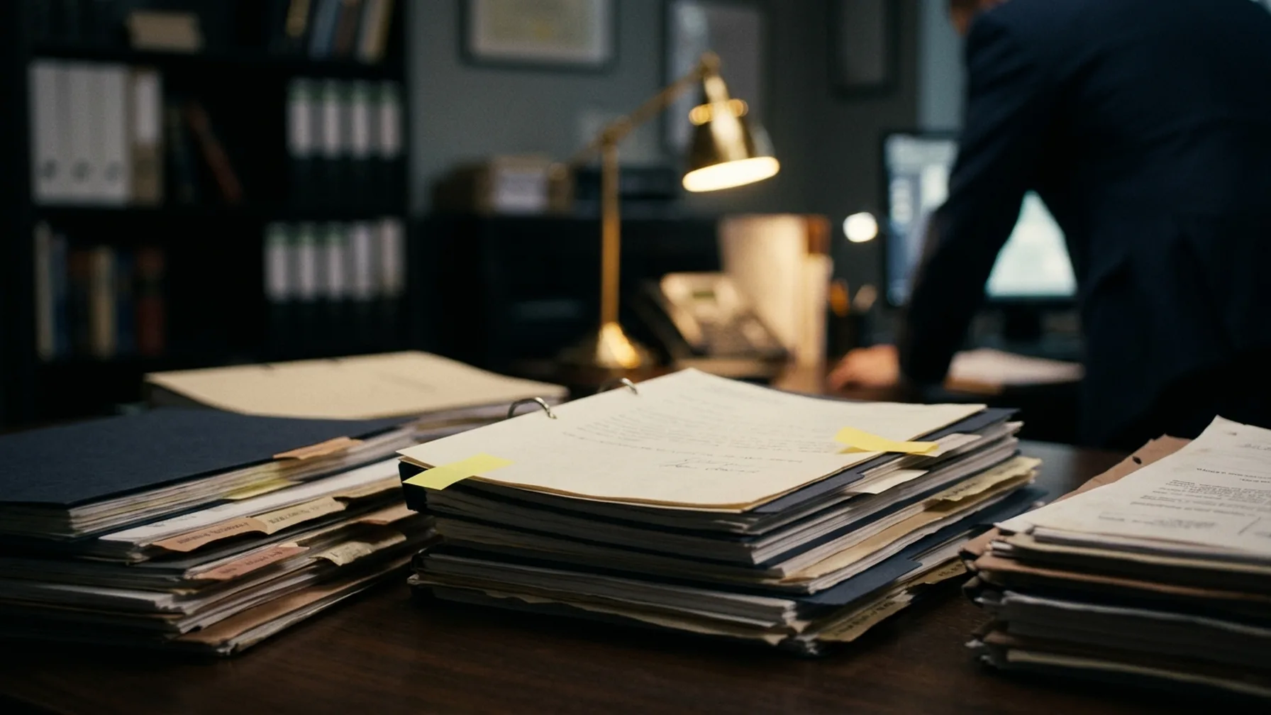 Stacks of scanned medical records with flagged pages and index tabs