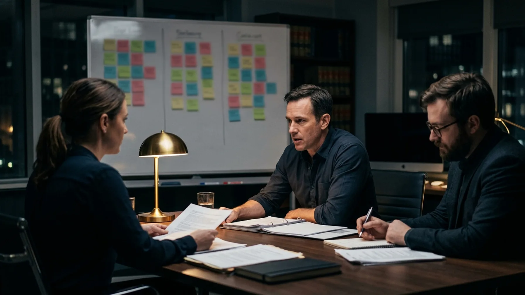 A small legal team planning a rollout in front of a whiteboard of sticky notes