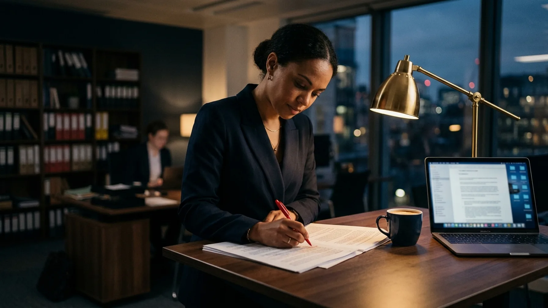A legal assistant marking corrections on a printed chronology