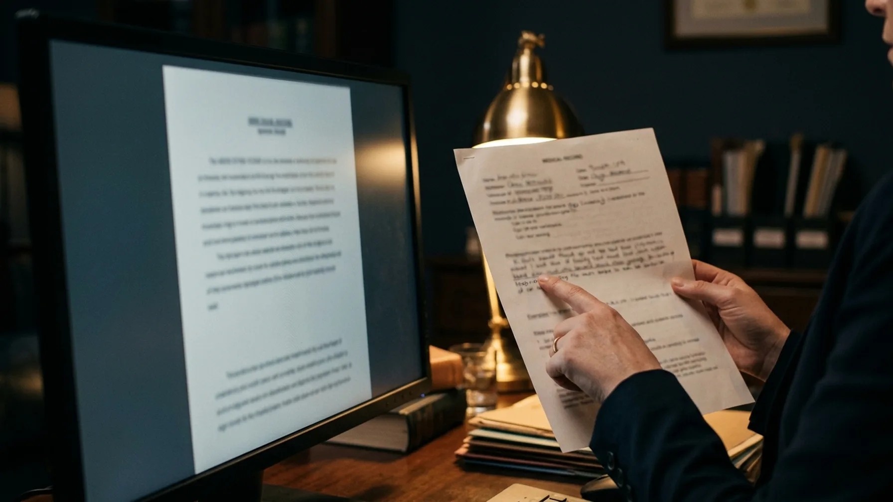 A reviewer holding an original medical record page up to the chronology on screen