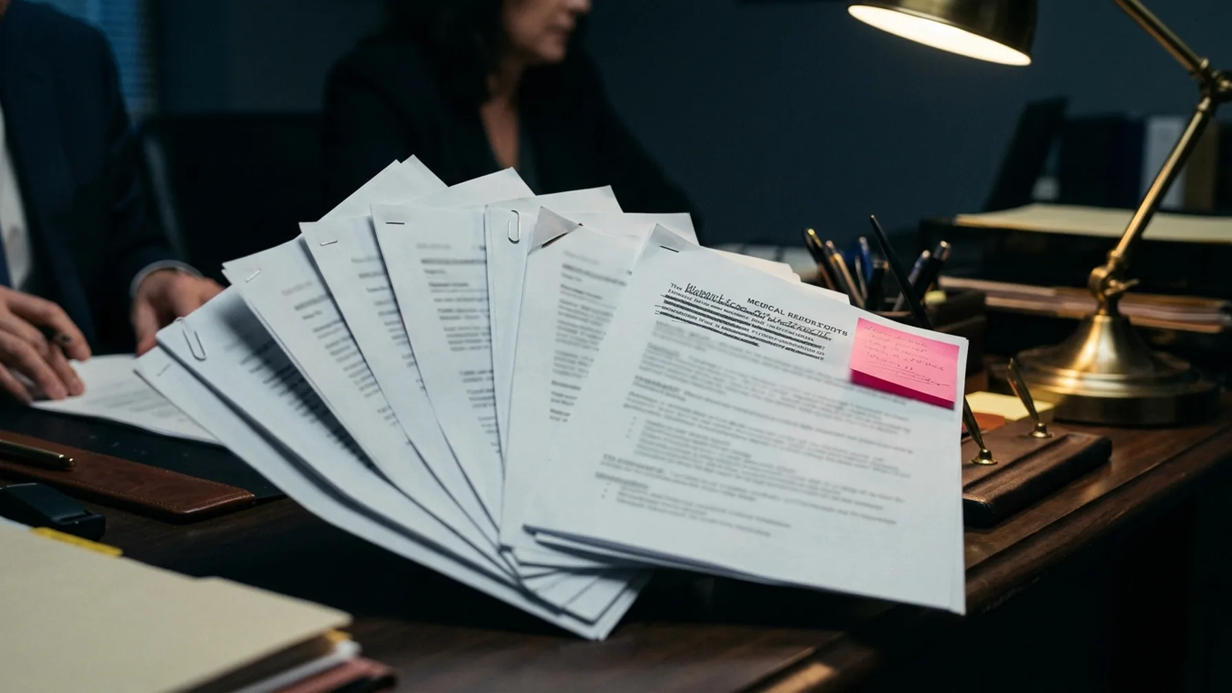 A fanned set of medical reports with an amended report flagged on top