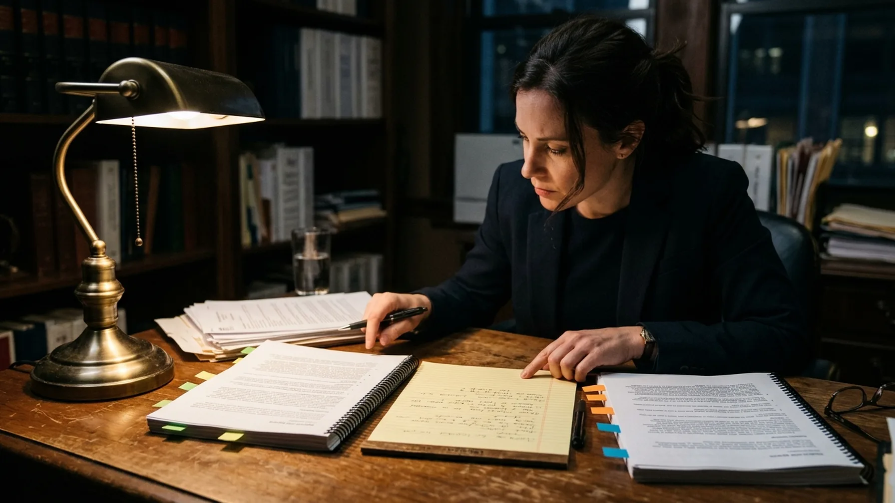 An attorney comparing two tabbed physician reports with handwritten notes