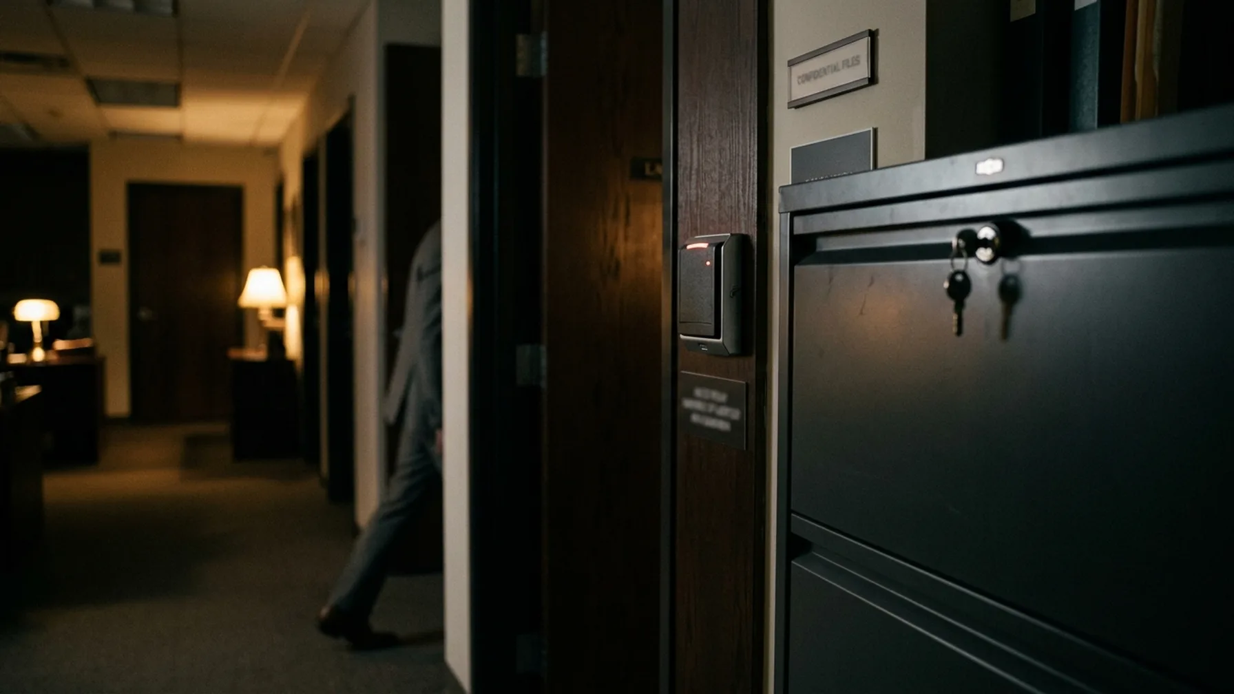 A badge reader and a locked file cabinet in a law office hallway
